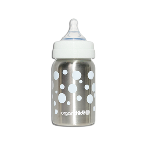 OrganicKidz Stainless Steel Wide Mouth 6M+ Baby Bottle Fast Flow 9oz - White