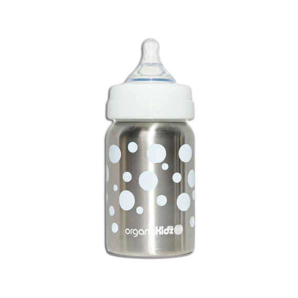 OrganicKidz Stainless Steel Wide Mouth 6M+ Baby Bottle Fast Flow 9oz - White